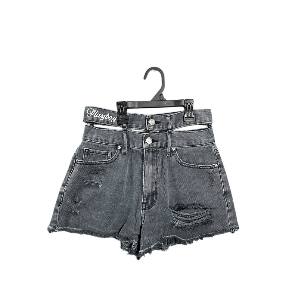 Playboy By PACSun Black Denim Cut Off Shorts With Logo Size‎ 25